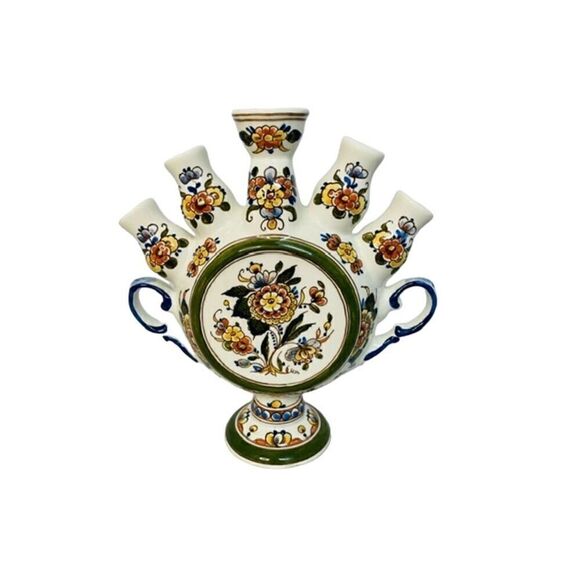 Delft 5 finger tulip vase floral pattern Heinen Fish mark beautiful vintage 8" - Picture 3 of 5